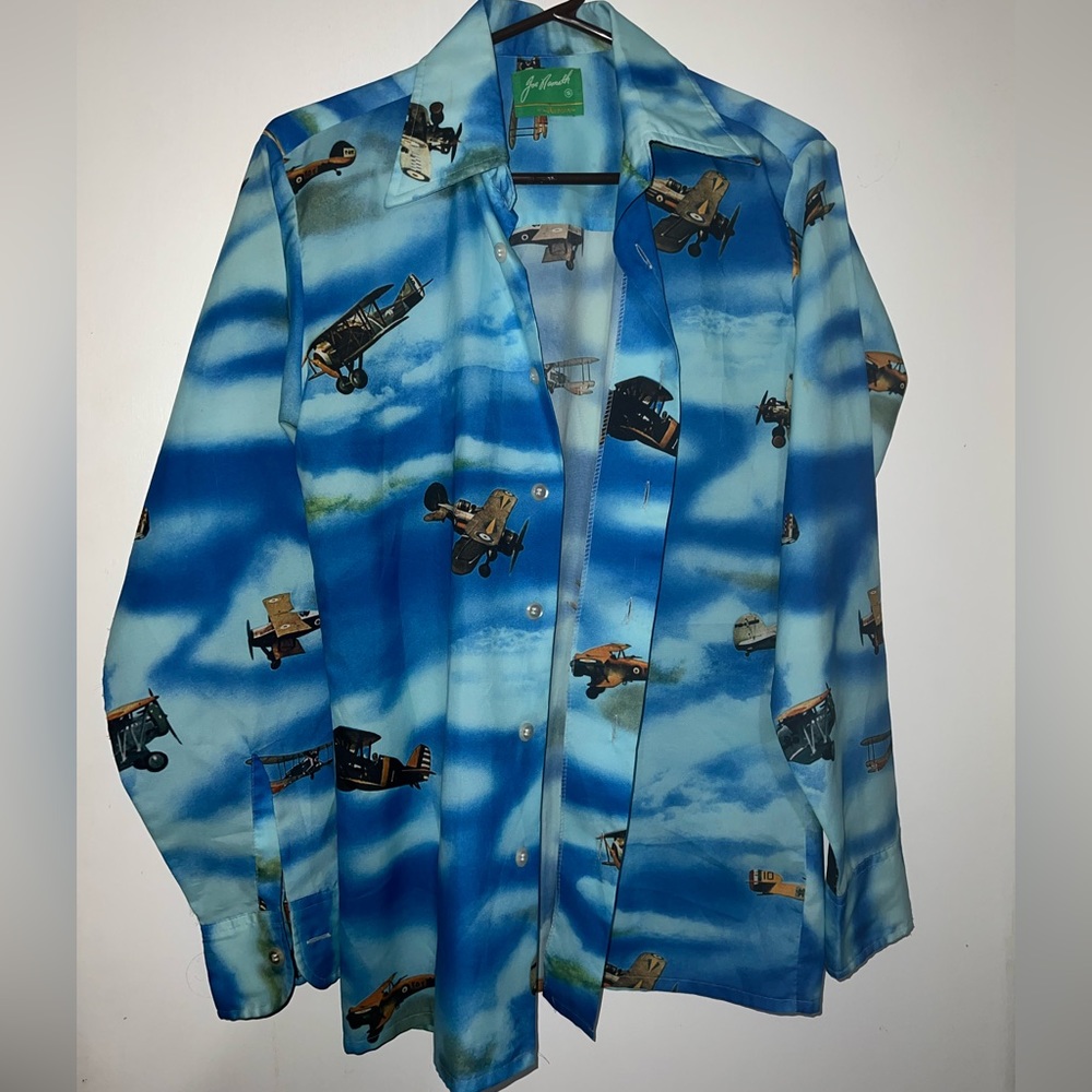 JOE NAMATH 1970s Vintage DISCO SHIRT S WW1 fighter Planes Clouds Design Blue SKY